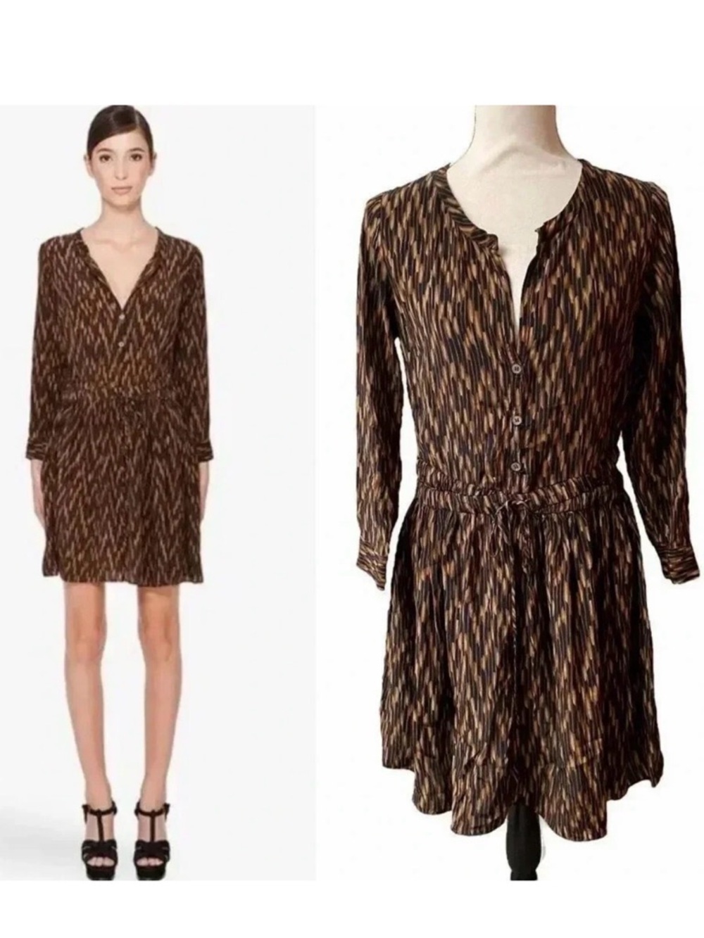 Elizabeth & James Paulina Silk Shirt Dress 4 Brown Black Print Tie Waist